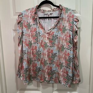 LOFT Garden Cinched Sleeve Ruffle Tie Neck Women’s XL Top Tan